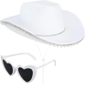 قبعة رعاة البقر باللؤلؤ من حجر الراين Yoiemivy للنساء - قبعة رعاة البقر الغربية مع نظارة شمسية على شكل قلب - قبعة راعية البقر البيضاء للعروس وأزياء حفلات توديع العزوبية - تغليف صندوق (أبيض) in Kuwait