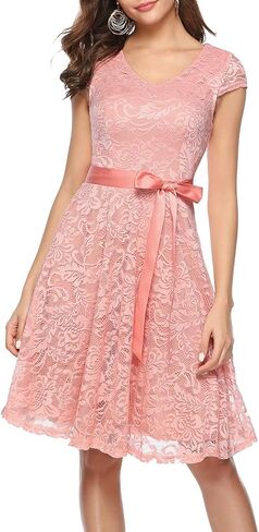 فستان BeryLove النسائي ذو الدانتيل الزهري القصير لوصيفة العروس بأكمام قصيرة وحفلات الكوكتيل in Kuwait