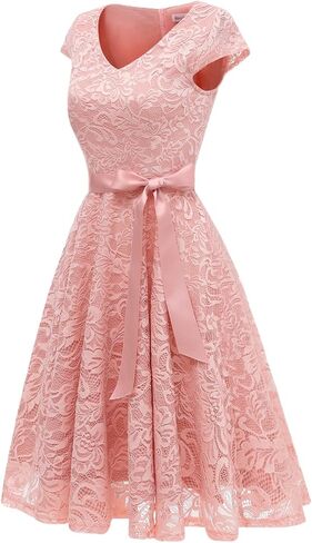 فستان BeryLove النسائي ذو الدانتيل الزهري القصير لوصيفة العروس بأكمام قصيرة وحفلات الكوكتيل in Kuwait