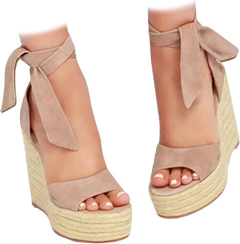 Womens Espadrilles Wedges Sandals Heels Open Toe Tie Lace Up Platform Ankle Strap Summer Dress Shoes in Saudi Arabia