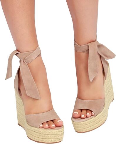 Womens Espadrilles Wedges Sandals Heels Open Toe Tie Lace Up Platform Ankle Strap Summer Dress Shoes in Saudi Arabia