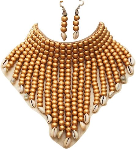 مجموعة قلادة وأقراط مريلة خشبية مطرزة بالخرز للنساء، مجموعة قلادة بطبقات بوهو الأفريقية ذات ياقة مكتنزة in Kuwait