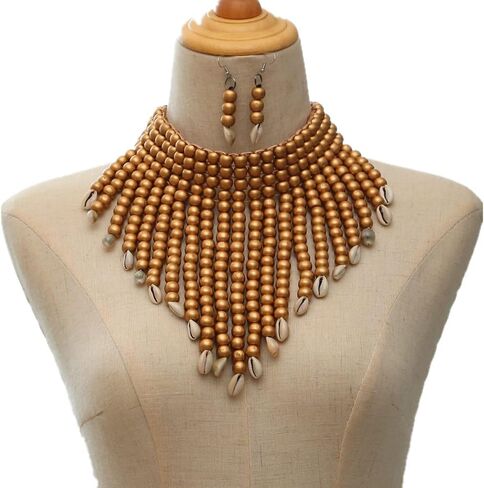 مجموعة قلادة وأقراط مريلة خشبية مطرزة بالخرز للنساء، مجموعة قلادة بطبقات بوهو الأفريقية ذات ياقة مكتنزة in Kuwait