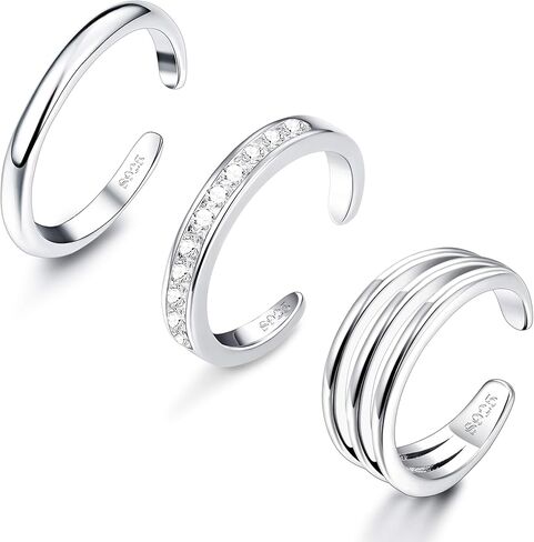 Sllaiss 3PCS 925 الفضة الاسترليني خواتم اصبع القدم للنساء الذهب الأبيض مطلي رقيقة خواتم المفصل الخنصر قابل للتعديل مفتوحة مكعب زركونيا اصبع القدم خواتم مجموعة مجوهرات القدم in Kuwait