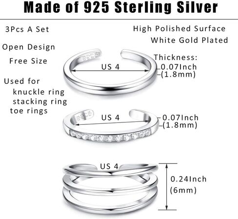 Sllaiss 3PCS 925 الفضة الاسترليني خواتم اصبع القدم للنساء الذهب الأبيض مطلي رقيقة خواتم المفصل الخنصر قابل للتعديل مفتوحة مكعب زركونيا اصبع القدم خواتم مجموعة مجوهرات القدم in Kuwait