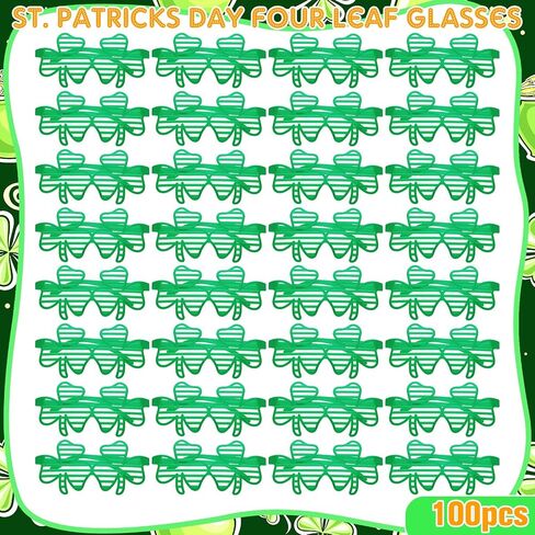 100 Pcs St. Patricks Day Shamrock Shutter Glasses Four Leaf Clover Design Sunglasses St Patricks Day Accessories Green Lucky Shutter Shades Plastic Eyewear for Kids Adult Party Props Favors Bulk in Saudi Arabia