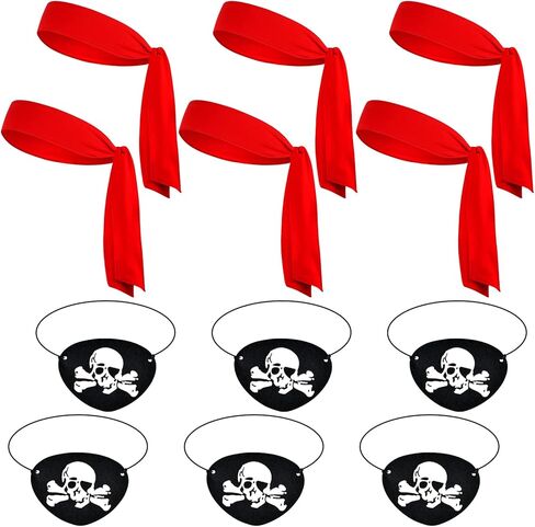 12 Pieces Halloween Party Supplies, Pirate Accessories Include 6 Red Bandana Headbands, 6 Black Felt Captain Eye Patches with Skull Crossbones in Kuwait