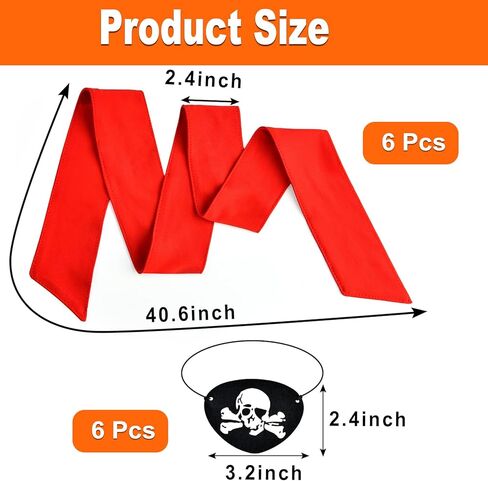 12 Pieces Halloween Party Supplies, Pirate Accessories Include 6 Red Bandana Headbands, 6 Black Felt Captain Eye Patches with Skull Crossbones in Kuwait