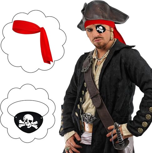 12 Pieces Halloween Party Supplies, Pirate Accessories Include 6 Red Bandana Headbands, 6 Black Felt Captain Eye Patches with Skull Crossbones in Kuwait