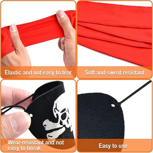 12 Pieces Halloween Party Supplies, Pirate Accessories Include 6 Red Bandana Headbands, 6 Black Felt Captain Eye Patches with Skull Crossbones in Kuwait