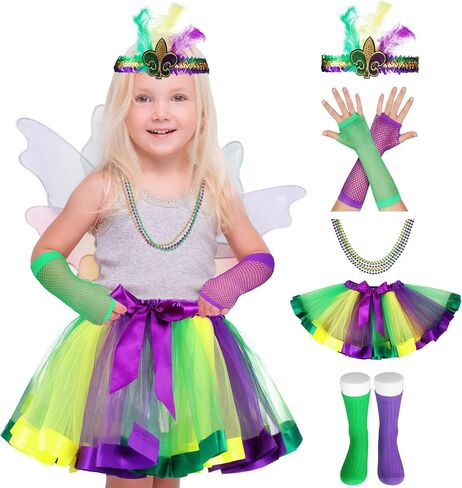 Hicarer 7 Pack Mardi Gras Costume Set for Girls Mardi Gras Accessories Set for Kids Tutu Skirt Mardi Gras Beads Feather Headband Fishnet Gloves Kids Long Stockings Birthday Party Fancy Dress in Saudi Arabia
