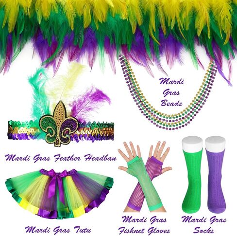 Hicarer 7 Pack Mardi Gras Costume Set for Girls Mardi Gras Accessories Set for Kids Tutu Skirt Mardi Gras Beads Feather Headband Fishnet Gloves Kids Long Stockings Birthday Party Fancy Dress in Saudi Arabia
