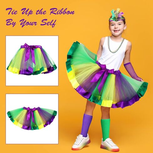Hicarer 7 Pack Mardi Gras Costume Set for Girls Mardi Gras Accessories Set for Kids Tutu Skirt Mardi Gras Beads Feather Headband Fishnet Gloves Kids Long Stockings Birthday Party Fancy Dress in Saudi Arabia