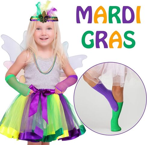 Hicarer 7 Pack Mardi Gras Costume Set for Girls Mardi Gras Accessories Set for Kids Tutu Skirt Mardi Gras Beads Feather Headband Fishnet Gloves Kids Long Stockings Birthday Party Fancy Dress in Saudi Arabia