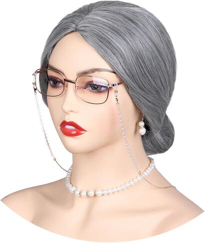 FantaLook Short Curly Gray Old Lady Cosplay Wig with Glasses EyeGlasses Chain Earrings Necklace Bracelet and Inflatable Crutch for Women Grandma Costume for 100 Days of School in Kuwait