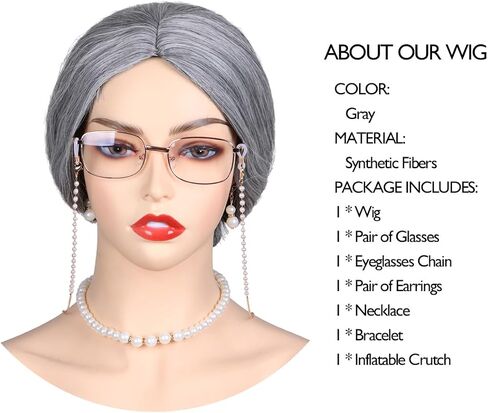 FantaLook Short Curly Gray Old Lady Cosplay Wig with Glasses EyeGlasses Chain Earrings Necklace Bracelet and Inflatable Crutch for Women Grandma Costume for 100 Days of School in Kuwait