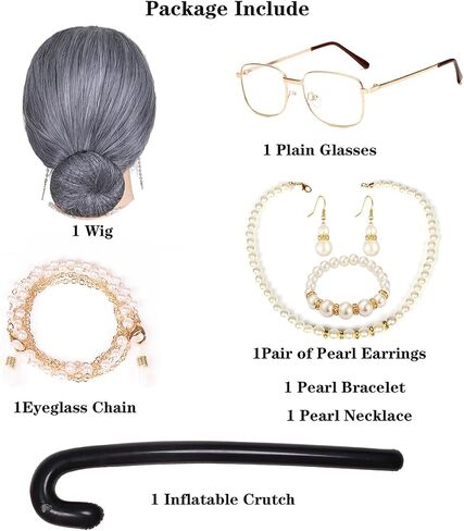 FantaLook Short Curly Gray Old Lady Cosplay Wig with Glasses EyeGlasses Chain Earrings Necklace Bracelet and Inflatable Crutch for Women Grandma Costume for 100 Days of School in Kuwait