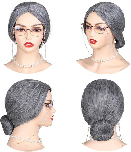 FantaLook Short Curly Gray Old Lady Cosplay Wig with Glasses EyeGlasses Chain Earrings Necklace Bracelet and Inflatable Crutch for Women Grandma Costume for 100 Days of School in Kuwait