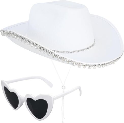 قبعة رعاة البقر باللؤلؤ من حجر الراين Yoiemivy للنساء - قبعة رعاة البقر الغربية مع نظارة شمسية على شكل قلب - قبعة راعية البقر البيضاء للعروس وأزياء حفلات توديع العزوبية - تغليف صندوق (أبيض) in Kuwait