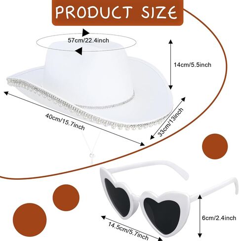 قبعة رعاة البقر باللؤلؤ من حجر الراين Yoiemivy للنساء - قبعة رعاة البقر الغربية مع نظارة شمسية على شكل قلب - قبعة راعية البقر البيضاء للعروس وأزياء حفلات توديع العزوبية - تغليف صندوق (أبيض) in Kuwait