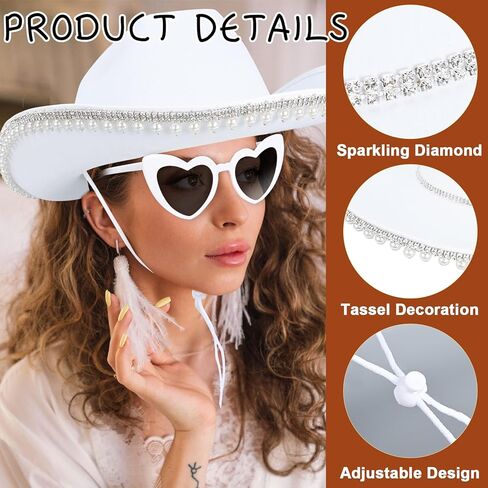 قبعة رعاة البقر باللؤلؤ من حجر الراين Yoiemivy للنساء - قبعة رعاة البقر الغربية مع نظارة شمسية على شكل قلب - قبعة راعية البقر البيضاء للعروس وأزياء حفلات توديع العزوبية - تغليف صندوق (أبيض) in Kuwait