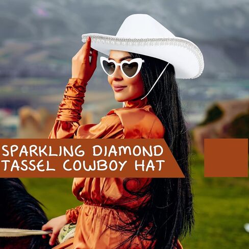 قبعة رعاة البقر باللؤلؤ من حجر الراين Yoiemivy للنساء - قبعة رعاة البقر الغربية مع نظارة شمسية على شكل قلب - قبعة راعية البقر البيضاء للعروس وأزياء حفلات توديع العزوبية - تغليف صندوق (أبيض) in Kuwait