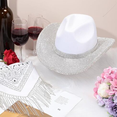 Panitay Rhinestone Glitter Cowgirl Hat Sparkly Bandana with Fringe Set for Disco Cosplay Wedding Bachelorette Party in Saudi Arabia