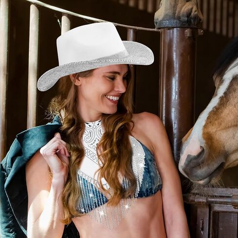 Panitay Rhinestone Glitter Cowgirl Hat Sparkly Bandana with Fringe Set for Disco Cosplay Wedding Bachelorette Party in Saudi Arabia