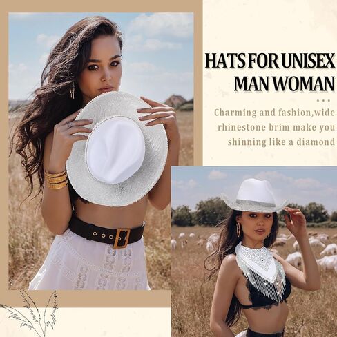Panitay Rhinestone Glitter Cowgirl Hat Sparkly Bandana with Fringe Set for Disco Cosplay Wedding Bachelorette Party in Saudi Arabia
