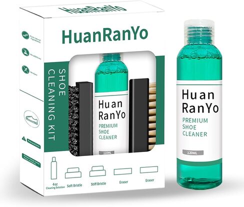 مجموعة تنظيف الأحذية الرياضية HuanRanYo | منظف ​​أحذية فاخر 4 أونصة، فرشتان، وممحايتان | آمن على جميع الأقمشة - مناسب للأحذية البيضاء، والأحذية الرياضية، والأحذية طويلة الرقبة، والقماش، وجلد النوبوك in Kuwait