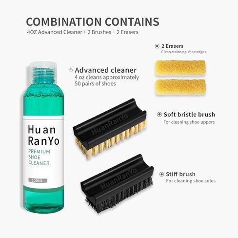 مجموعة تنظيف الأحذية الرياضية HuanRanYo | منظف ​​أحذية فاخر 4 أونصة، فرشتان، وممحايتان | آمن على جميع الأقمشة - مناسب للأحذية البيضاء، والأحذية الرياضية، والأحذية طويلة الرقبة، والقماش، وجلد النوبوك in Kuwait