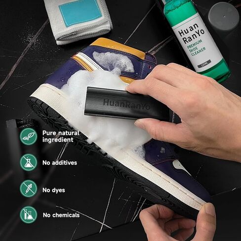 مجموعة تنظيف الأحذية الرياضية HuanRanYo | منظف ​​أحذية فاخر 4 أونصة، فرشتان، وممحايتان | آمن على جميع الأقمشة - مناسب للأحذية البيضاء، والأحذية الرياضية، والأحذية طويلة الرقبة، والقماش، وجلد النوبوك in Kuwait