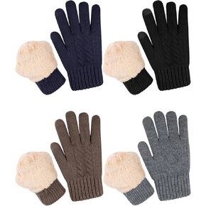 Janmercy 4 Pairs Men Women Warm Winter Touch Screen Gloves Knit Thermal Fleece Lined Gloves for Cold Weather, Classic Colors, as the pictures shown