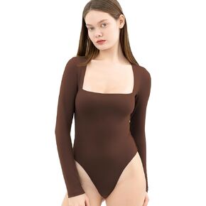LILAMOR Body Suit, Women's Sexy Square Neck Long Sleeve Bodysuit - BLACK Bodysuit Women, Double Lined Womens Tops