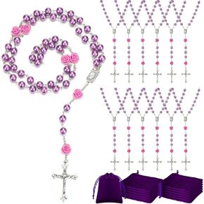 12 Pack Pearl Rosary Catholic Beads for Women First Communion Rosary Beads Necklace Bulk 8 mm with Crucifix and Our Lady of Guadalupe with Velvet Gift Bag for Baptism Catholic Gifts(Purple) in Kuwait