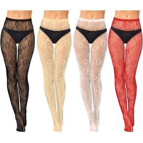 4 Pack Women's Patterned Tights Fishnet Stockings, Floral Stockings Pantyhose Stockings Leggings Rose Flower Lace Tights for Women Girls Black/White/Red/Purple, Black, White, Red, Purple, 1 in Saudi Arabia
