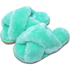 Fadezar Girls Fluffy Slippers for Kids Cute Fuzzy Slippers Open Toe Warm Fur Slides Cross Band Plush Slip on House Indoor Slippers