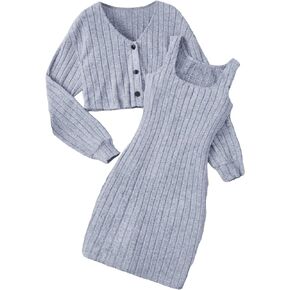 OYOANGLE Girl's 2 Piece Set Rib Knit Long Sleeve V Neck Button Front Jacket and Sleeveless Tank Dress