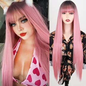 MISSQUEEN Long Black Wigs with Bangs, Straight Black Wigs for Women, Synthetic 30 Inch Long Straight Black Bangs Wig for Daily Wear