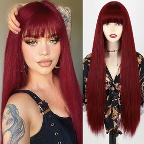 MISSQUEEN Long Black Wigs with Bangs, Straight Black Wigs for Women, Synthetic 30 Inch Long Straight Black Bangs Wig for Daily Wear