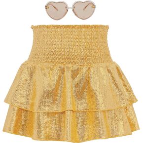 American Trends Girls Sequin Sparkly Skirts Girls Metallic Skirt 2-Layer Ruffle Skirts with Sunglasses Cheerleaders Skirt