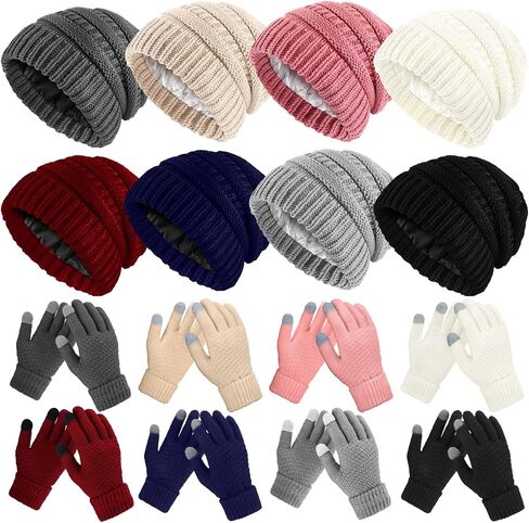 Jadive 8 Sets Winter Glove and Hat Set Chunky Knit Beanie Hat Warm Touchscreen Gloves Soft Beanie Cap Texting Gloves for Women Men Indoor Outdoor Activities, 8 Colors in Saudi Arabia