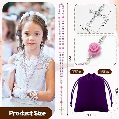 12 Pack Pearl Rosary Catholic Beads for Women First Communion Rosary Beads Necklace Bulk 8 mm with Crucifix and Our Lady of Guadalupe with Velvet Gift Bag for Baptism Catholic Gifts(Purple) in Kuwait