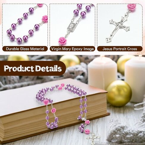 12 Pack Pearl Rosary Catholic Beads for Women First Communion Rosary Beads Necklace Bulk 8 mm with Crucifix and Our Lady of Guadalupe with Velvet Gift Bag for Baptism Catholic Gifts(Purple) in Kuwait