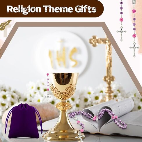 12 Pack Pearl Rosary Catholic Beads for Women First Communion Rosary Beads Necklace Bulk 8 mm with Crucifix and Our Lady of Guadalupe with Velvet Gift Bag for Baptism Catholic Gifts(Purple) in Kuwait