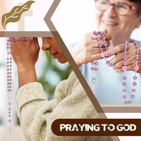 12 Pack Pearl Rosary Catholic Beads for Women First Communion Rosary Beads Necklace Bulk 8 mm with Crucifix and Our Lady of Guadalupe with Velvet Gift Bag for Baptism Catholic Gifts(Purple) in Kuwait
