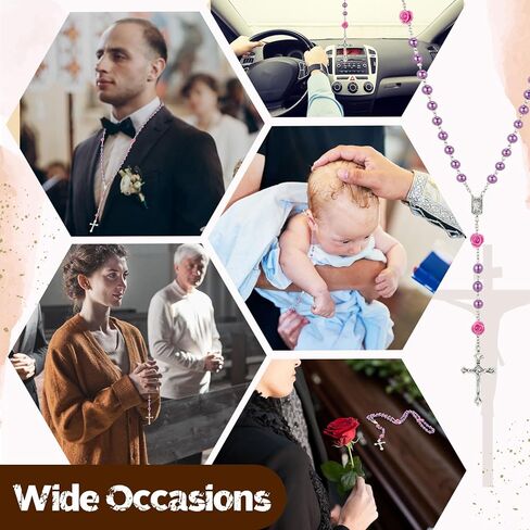 12 Pack Pearl Rosary Catholic Beads for Women First Communion Rosary Beads Necklace Bulk 8 mm with Crucifix and Our Lady of Guadalupe with Velvet Gift Bag for Baptism Catholic Gifts(Purple) in Kuwait