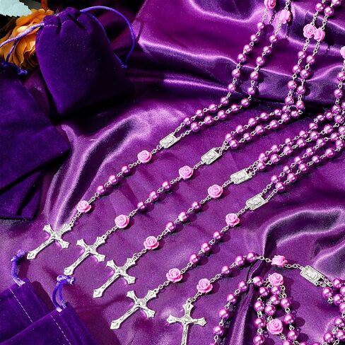 12 Pack Pearl Rosary Catholic Beads for Women First Communion Rosary Beads Necklace Bulk 8 mm with Crucifix and Our Lady of Guadalupe with Velvet Gift Bag for Baptism Catholic Gifts(Purple) in Kuwait