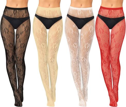 Jiuguva 4 Pack Women's Patterned Tights Fishnet Stockings, Floral Stockings Pantyhose Stockings Leggings Rose Flower Lace Tights for Women Girls Black/White/Red/Purple in Saudi Arabia