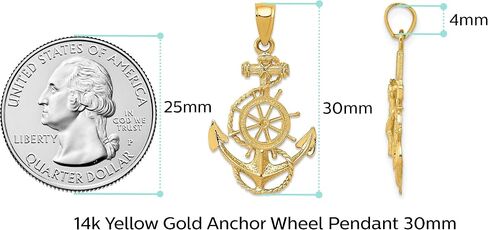 Solid 14k Yellow Gold Anchor and Wheel Pendant Charm - 30mm x 17mm - Jewelry Gifts For Women Wife Mom Gifts For Men Husband Dad in Saudi Arabia